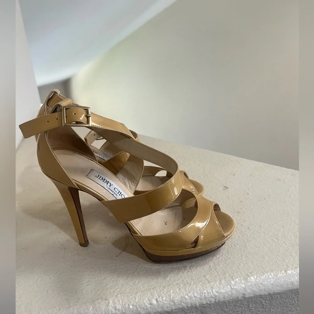 Jimmy Choo Beige Patent Leather Vamp Ankle Strap Sandals Size 37. US‎ 7 - Picture 6 of 7